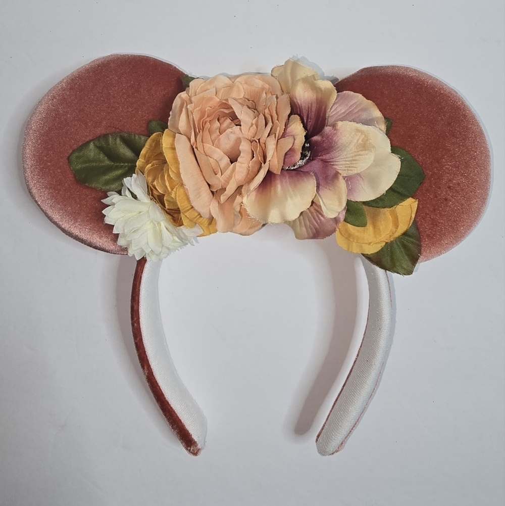 New Coral Custom Handmade Floral Velvet Minnie Mouse Ears